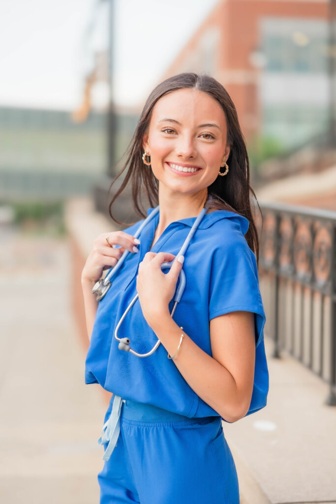 College graduation portrait session in Charlotte with CPCC respiratory therapy graduate.